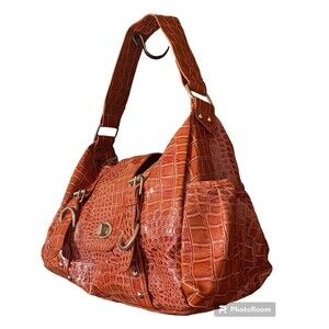 Orange Alligator Embossed Hobo Shoulder Bag Handbag Pockets Glossy Patent Finish